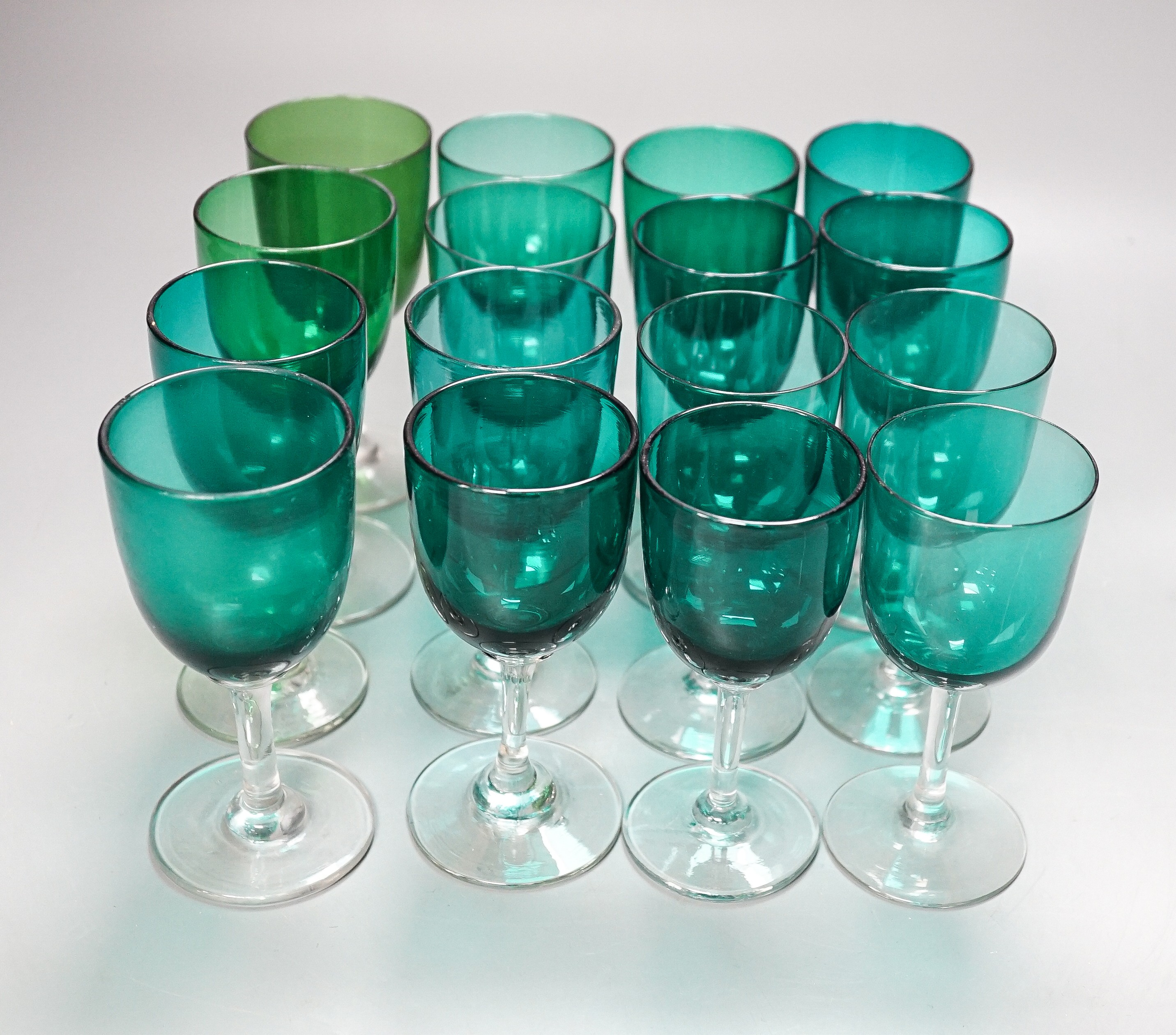 A sixteen green wine glasses, 19th/20th century